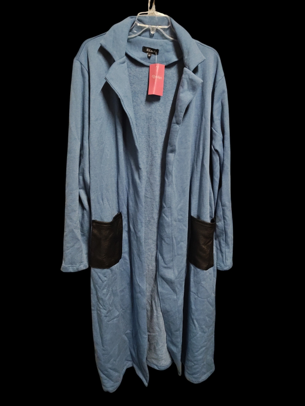 ILLord Blue Long Open-Front Trench Coat with Black Patch Pockets